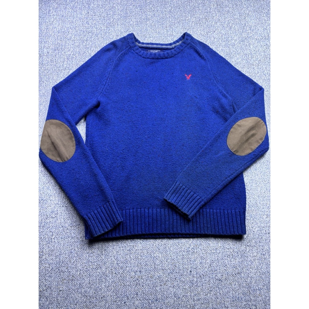 American Eagle Men's Preppy Fit Blue Speckled Pullover Sweater Elbow Pads Sz S